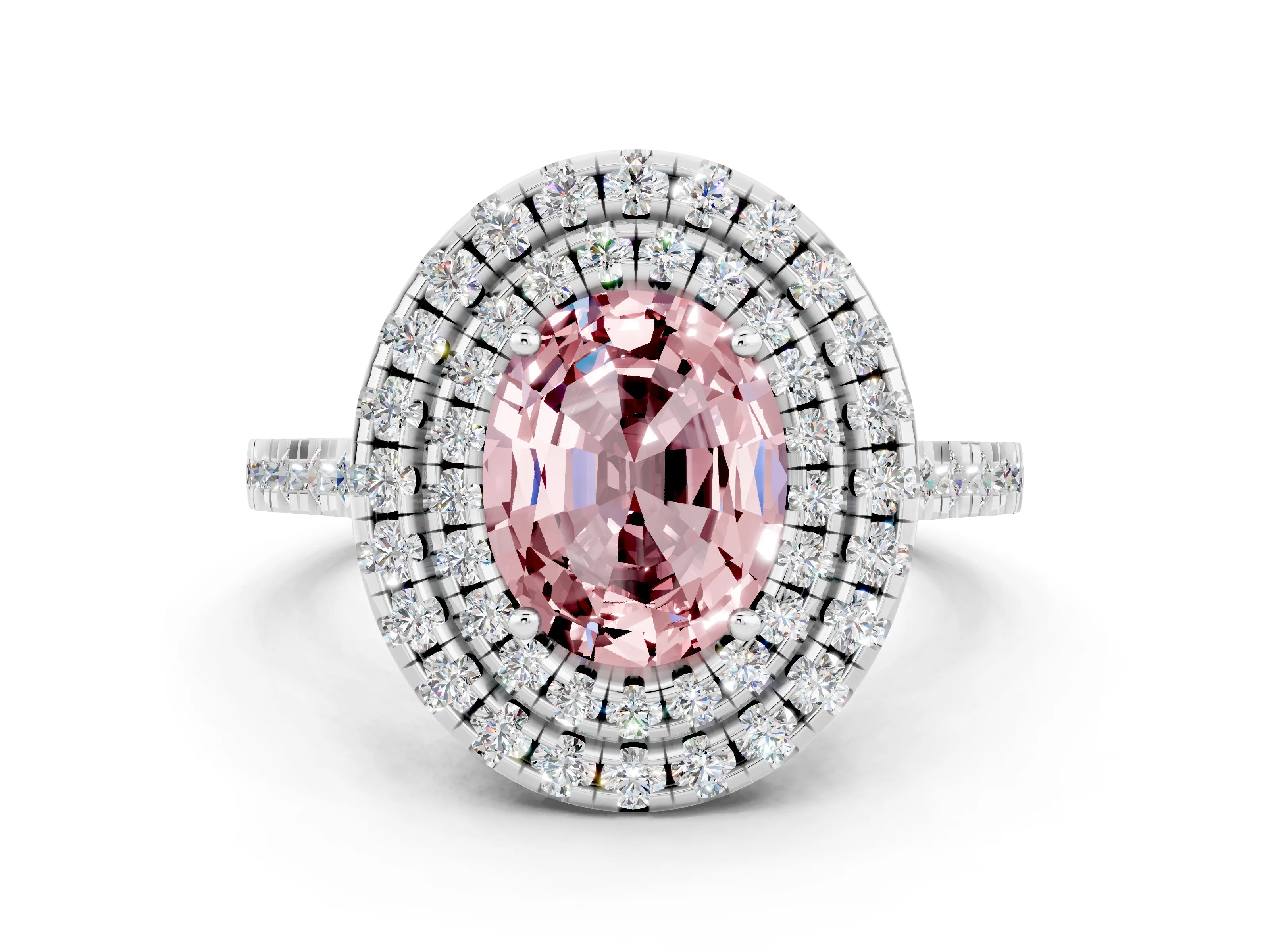 White gold Double Halo Oval Cut Morganite Pavé Band with Four-Prong Setting