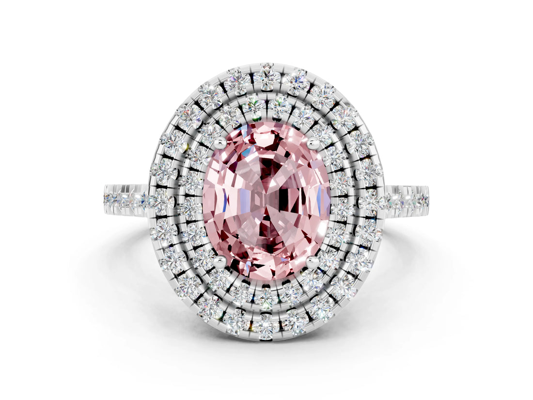 White gold Double Halo Oval Cut Morganite Pavé Band with Four-Prong Setting