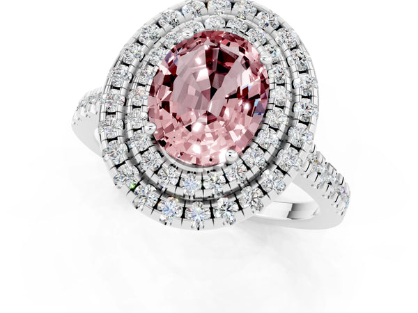Silver Double Halo Oval Cut Morganite Pavé Band with Four-Prong Setting