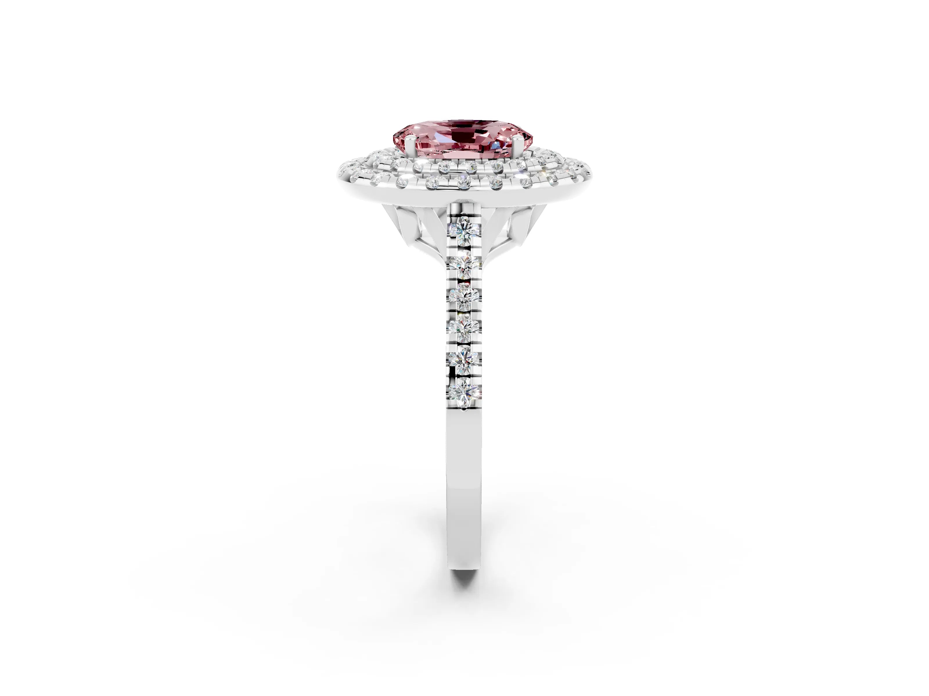 White gold Double Halo Oval Cut Morganite Pavé Band with Four-Prong Setting_2
