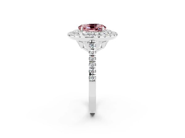White gold Double Halo Oval Cut Morganite Pavé Band with Four-Prong Setting