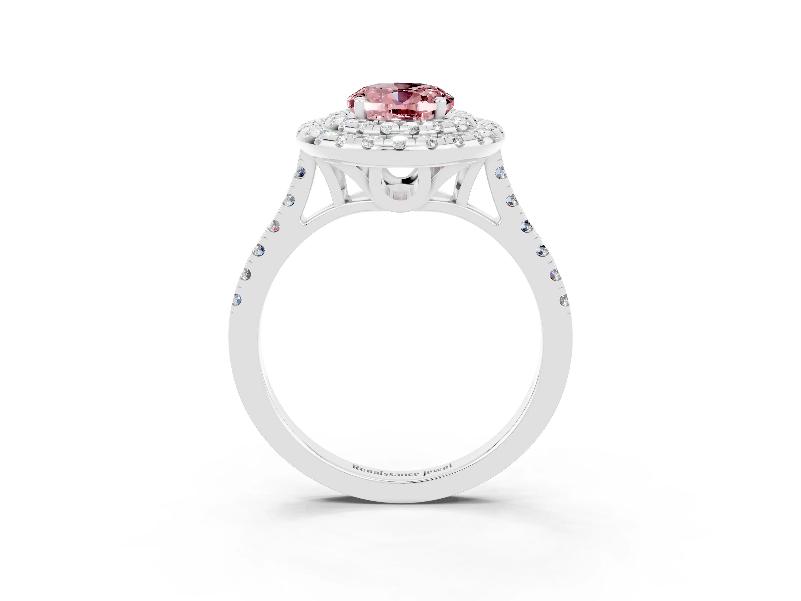 White gold Double Halo Oval Cut Morganite Pavé Band with Four-Prong Setting_3