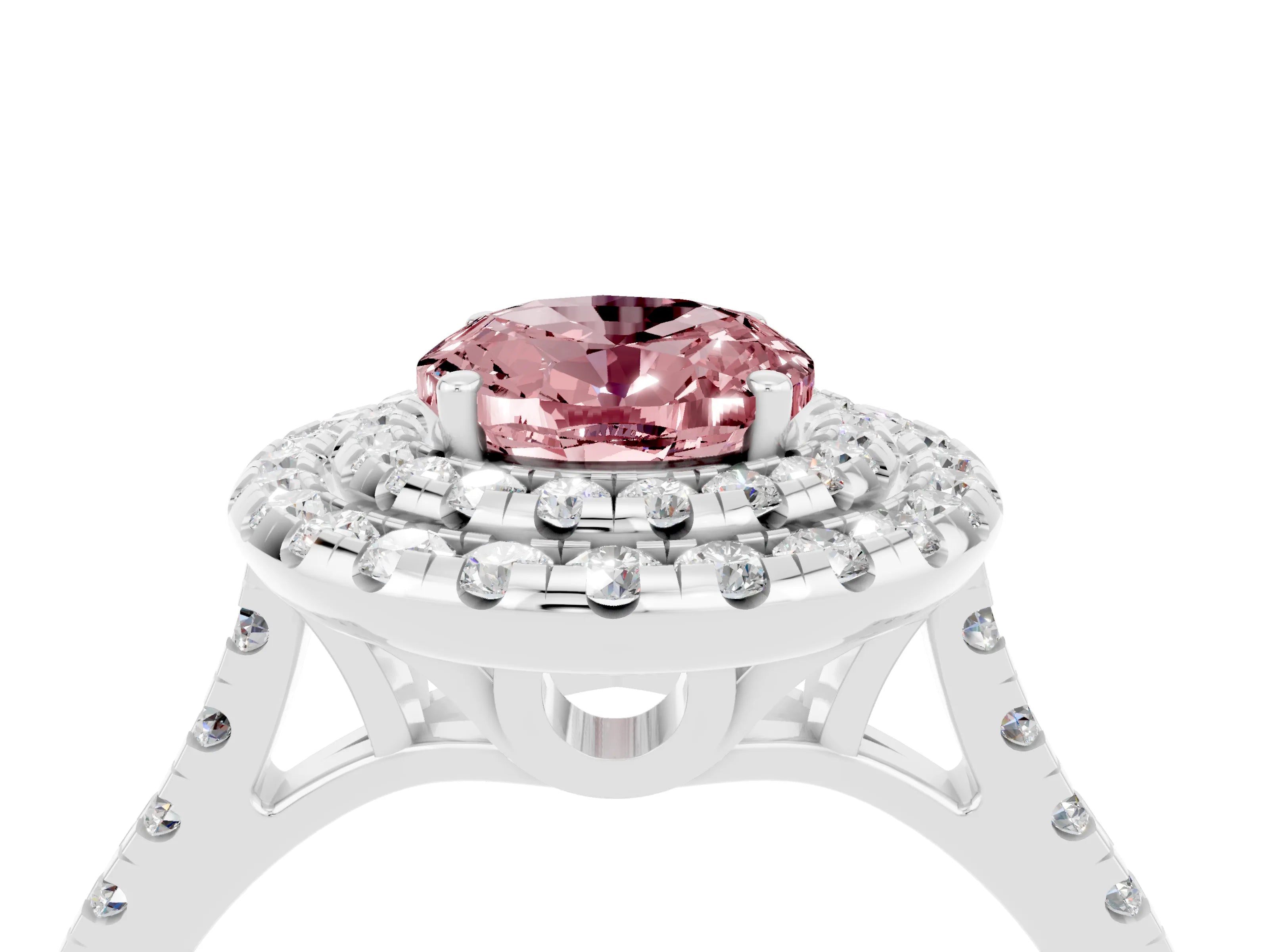 White gold Double Halo Oval Cut Morganite Pavé Band with Four-Prong Setting_4