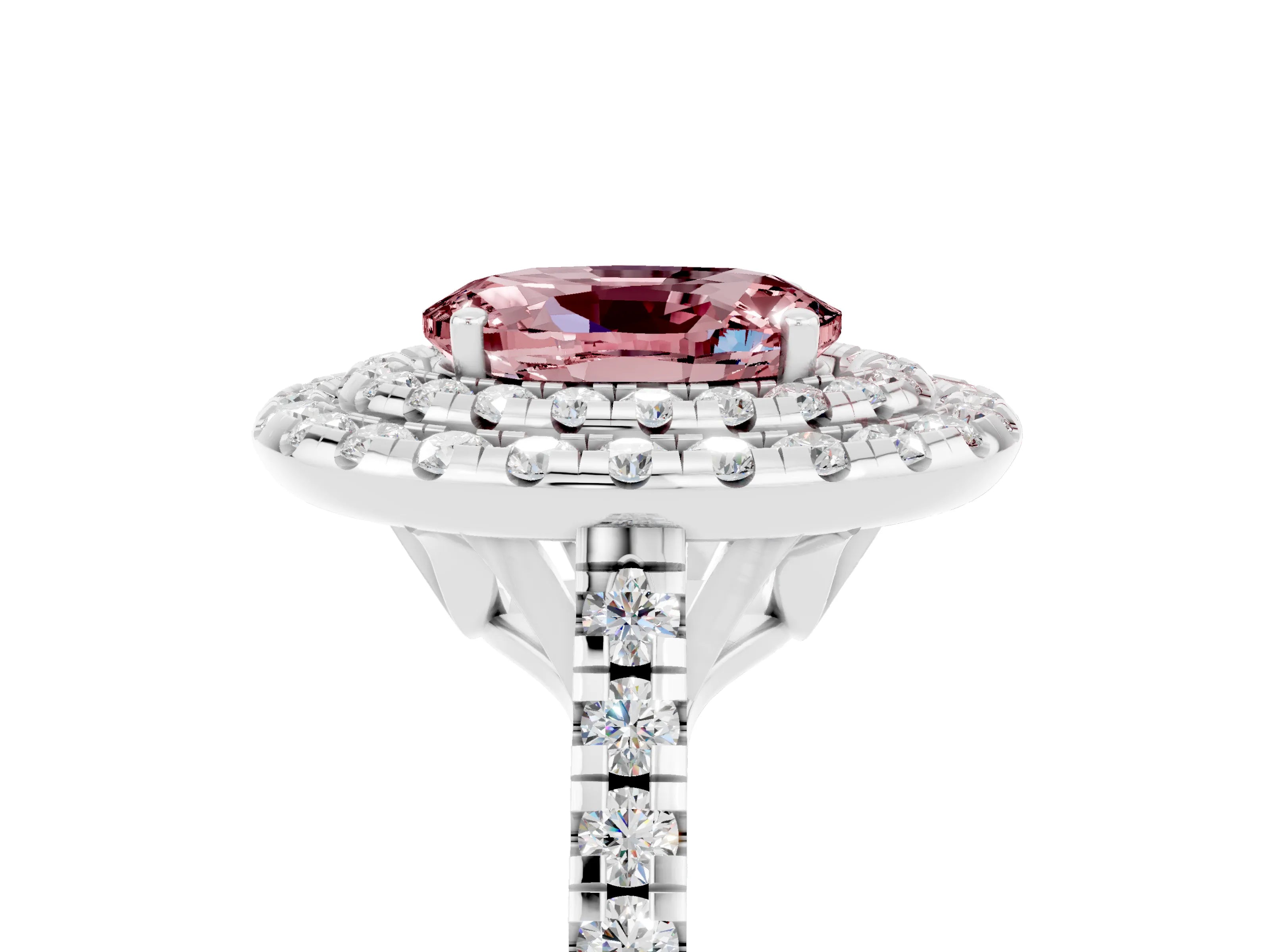 White gold Double Halo Oval Cut Morganite Pavé Band with Four-Prong Setting_5