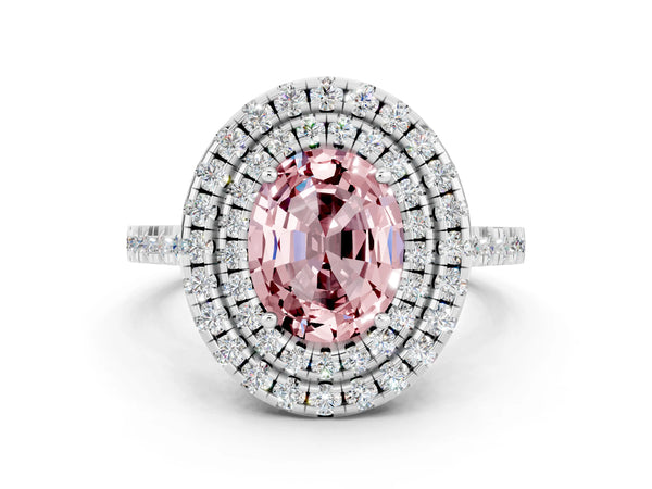 White gold Double Halo Oval Cut Morganite Pavé Band with Four-Prong Setting