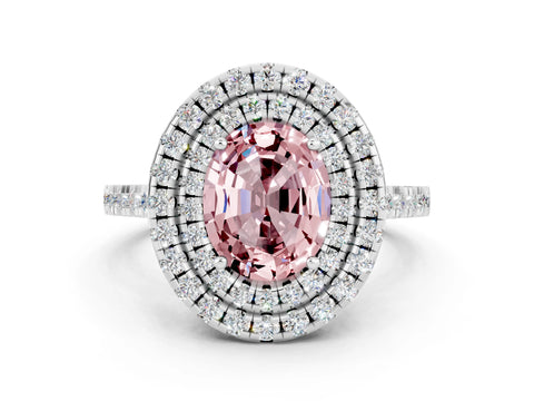 White gold Double Halo Oval Cut Morganite Pavé Band with Four-Prong Setting