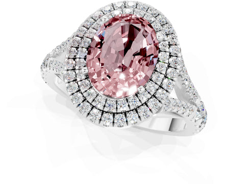 White gold Double Halo Oval Cut Morganite Pavé Split Shank Ring with Prong Setting_1
