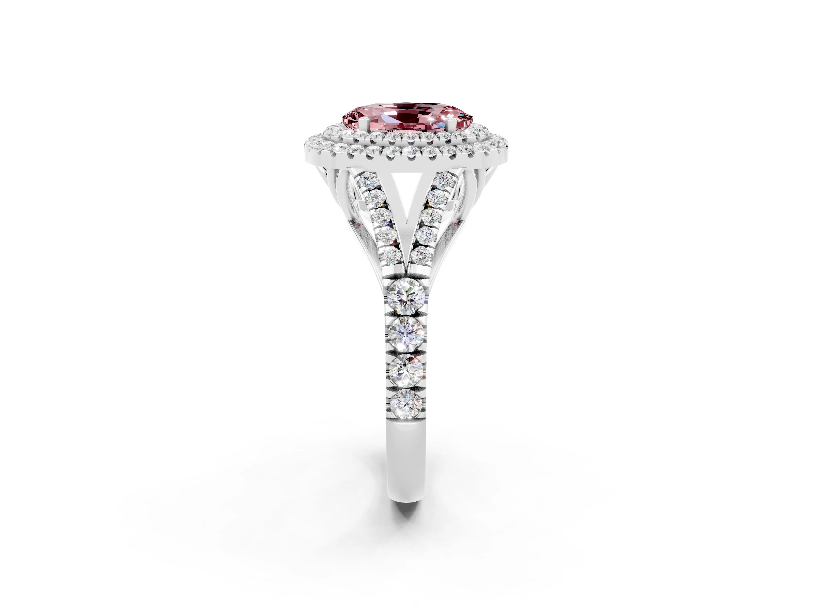 White gold Double Halo Oval Cut Morganite Pavé Split Shank Ring with Prong Setting_2