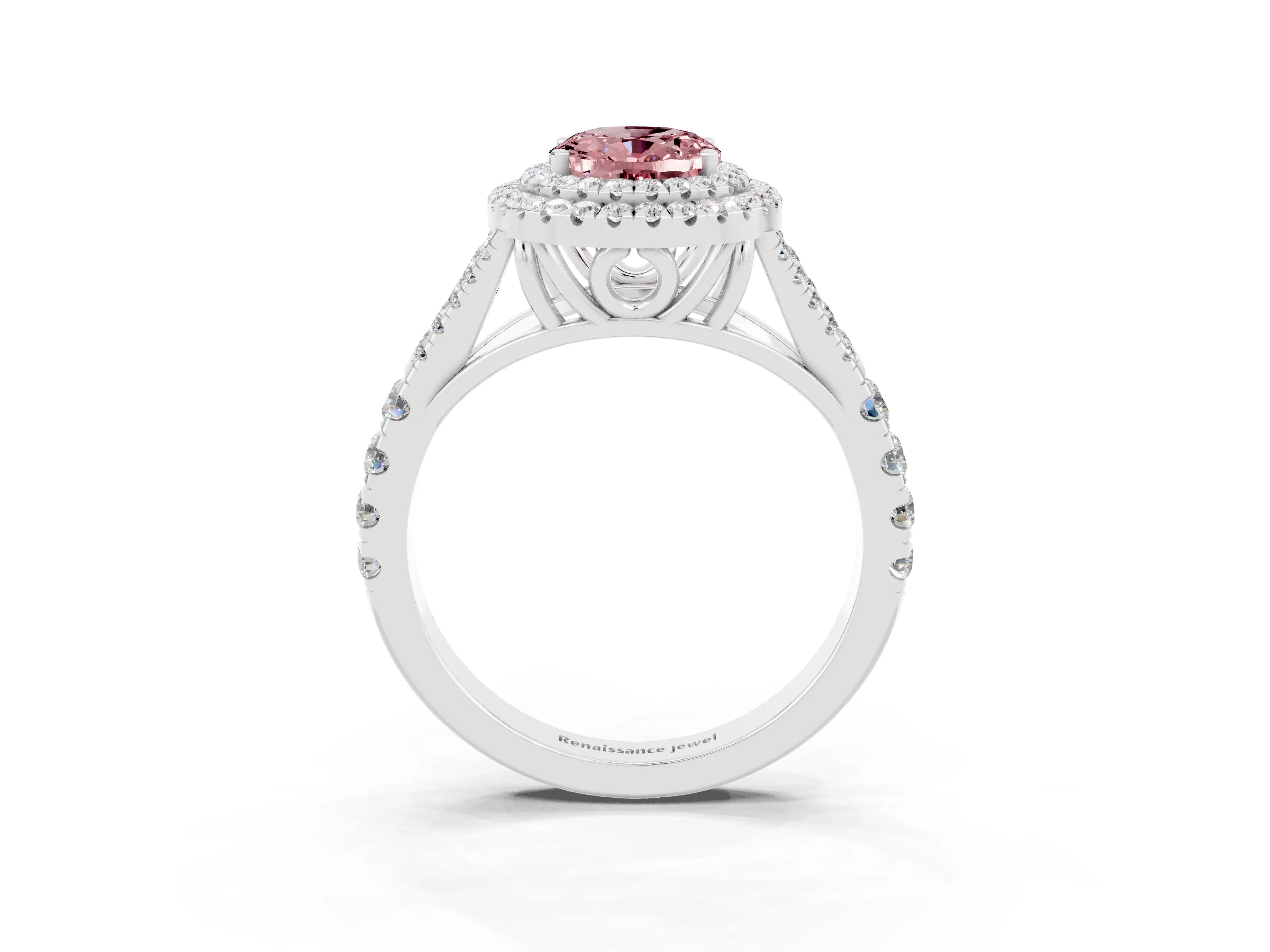White gold Double Halo Oval Cut Morganite Pavé Split Shank Ring with Prong Setting_3