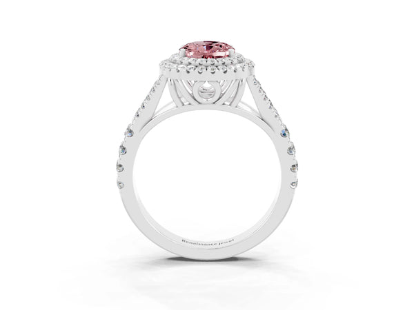 Silver Double Halo Oval Cut Morganite Pavé Split Shank Ring with Prong Setting