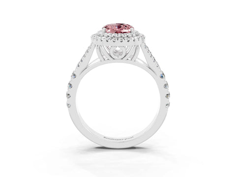 White gold Double Halo Oval Cut Morganite Pavé Split Shank Ring with Prong Setting_3