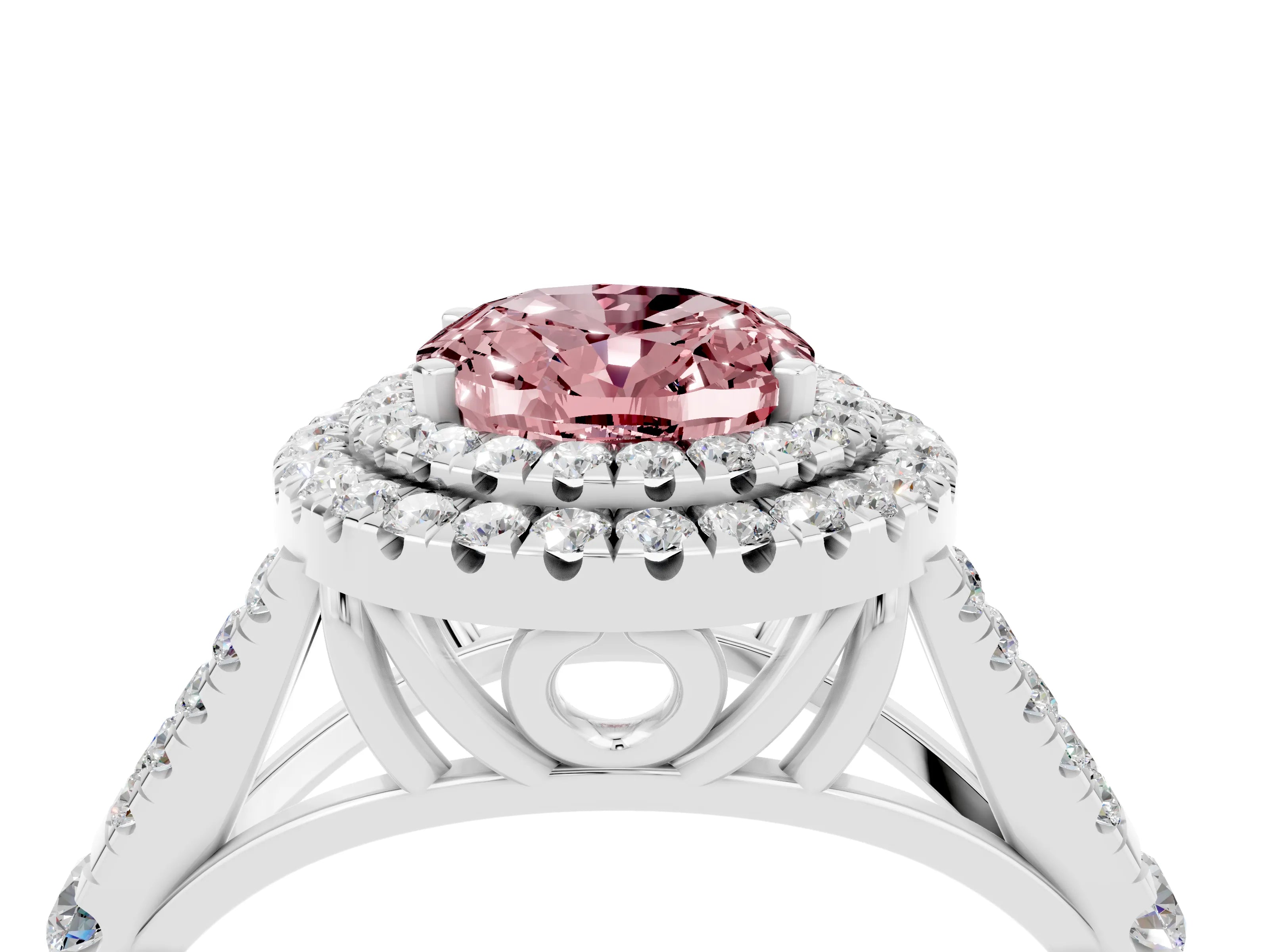 White gold Double Halo Oval Cut Morganite Pavé Split Shank Ring with Prong Setting_4