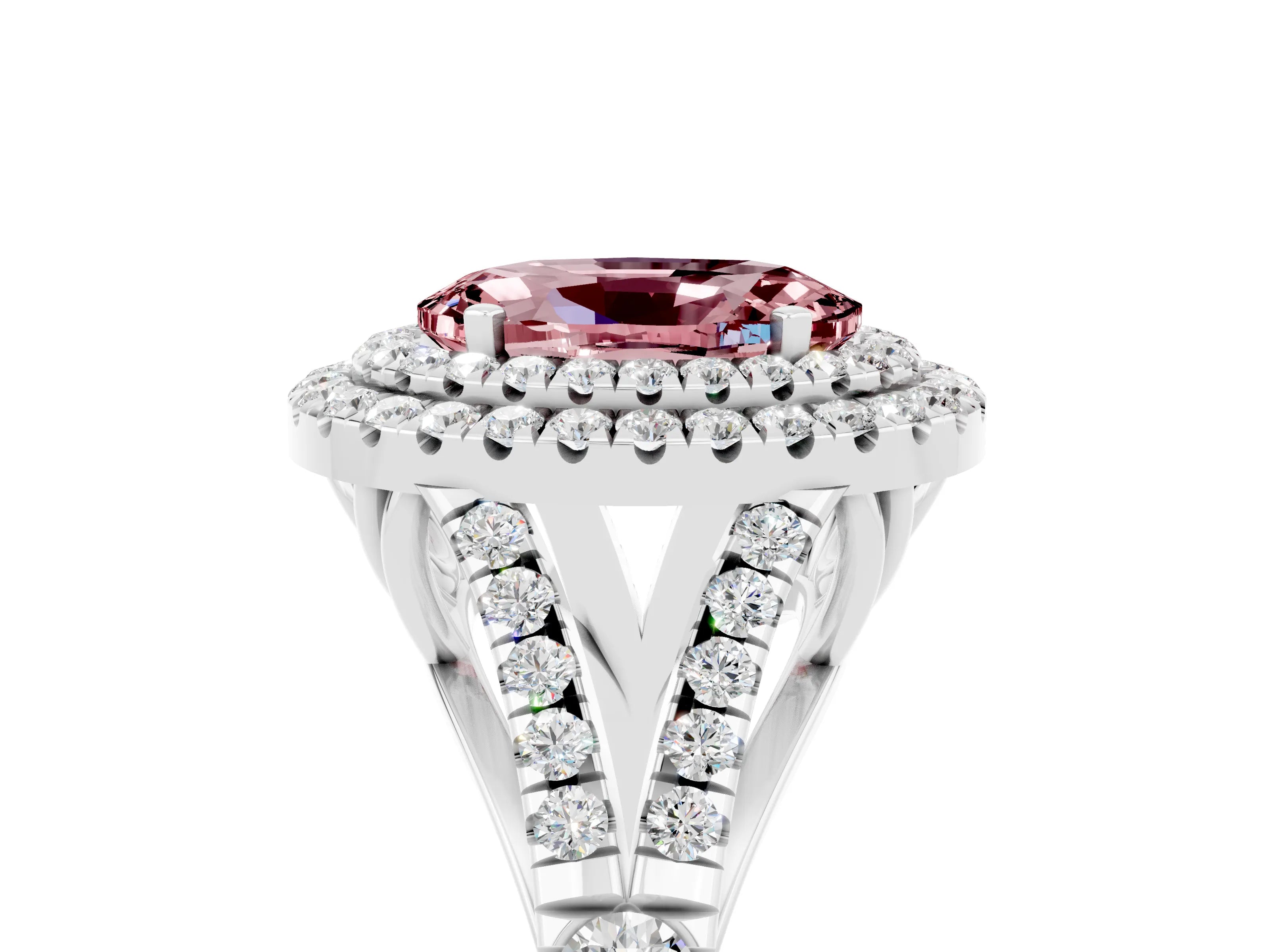 White gold Double Halo Oval Cut Morganite Pavé Split Shank Ring with Prong Setting_5