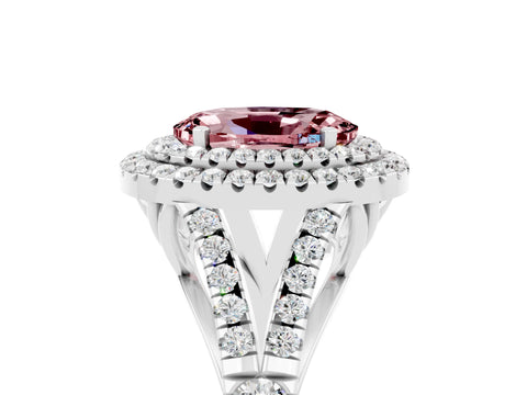 White gold Double Halo Oval Cut Morganite Pavé Split Shank Ring with Prong Setting_5