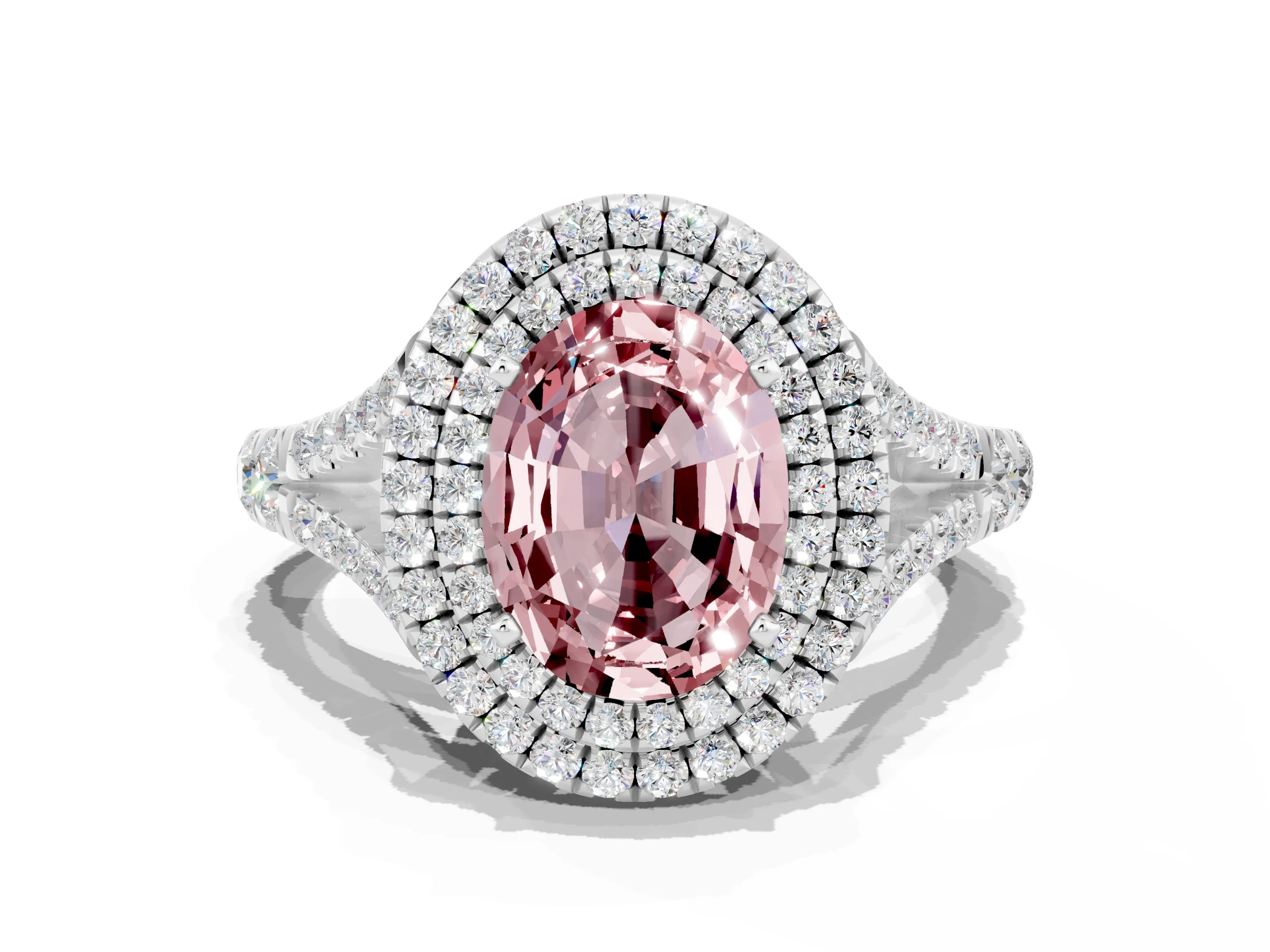 White gold Double Halo Oval Cut Morganite Pavé Split Shank Ring with Prong Setting
