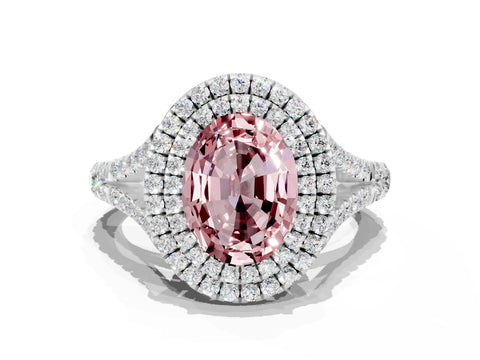 White gold Double Halo Oval Cut Morganite Pavé Split Shank Ring with Prong Setting