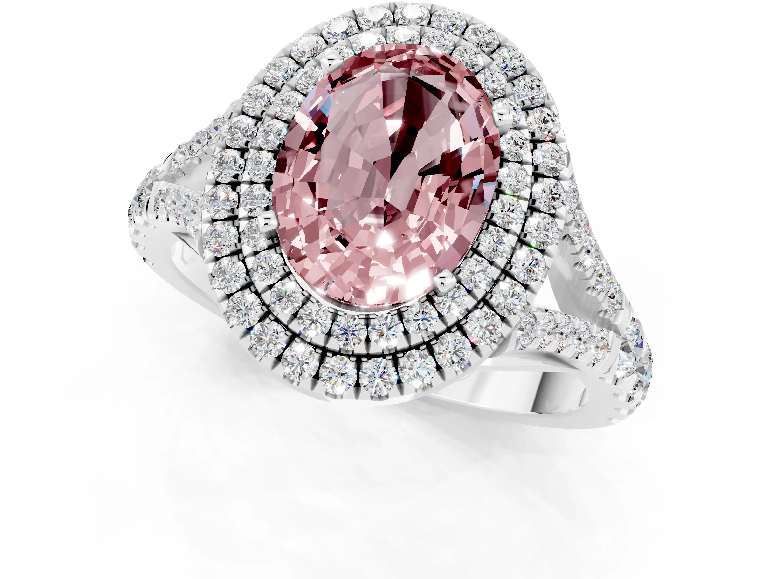 White gold Double Halo Oval Cut Morganite Split Shank Engagement Ring with Four-Prong Setting_1