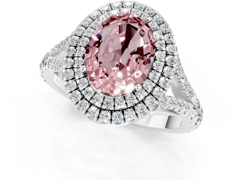 White gold Double Halo Oval Cut Morganite Split Shank Engagement Ring with Four-Prong Setting_1