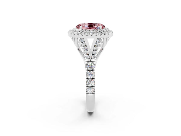 Platinum Double Halo Oval Cut Morganite Split Shank Engagement Ring with Four-Prong Setting