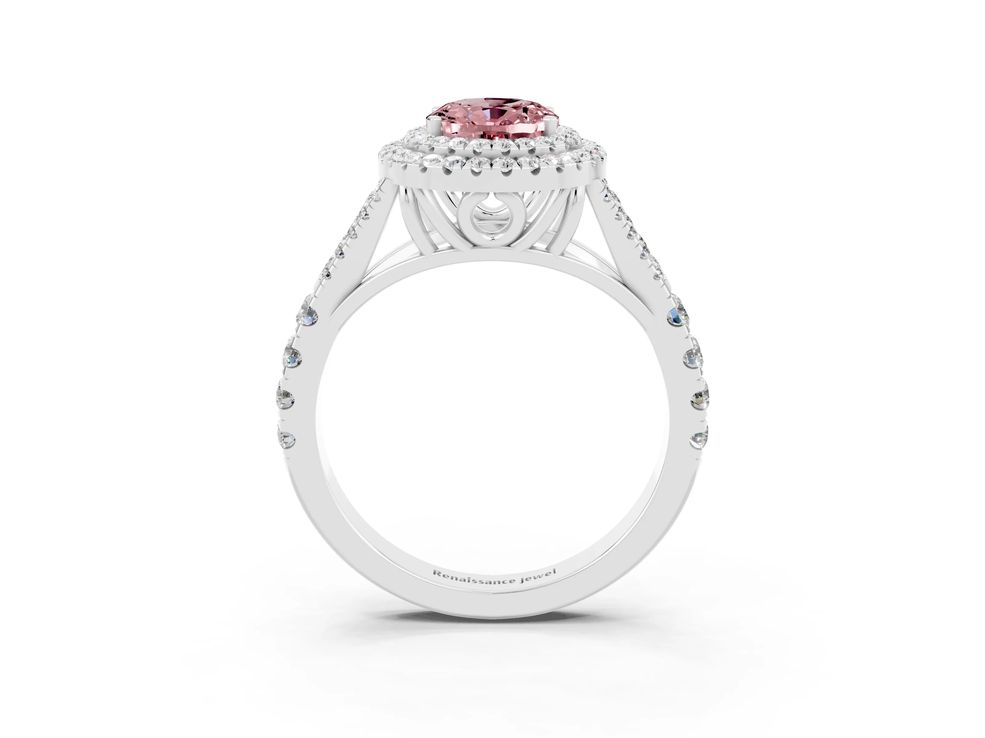 White gold Double Halo Oval Cut Morganite Split Shank Engagement Ring with Four-Prong Setting_3