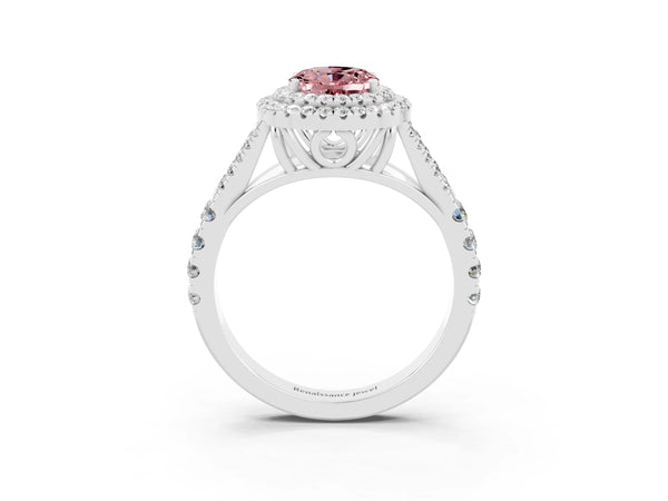 Platinum Double Halo Oval Cut Morganite Split Shank Engagement Ring with Four-Prong Setting