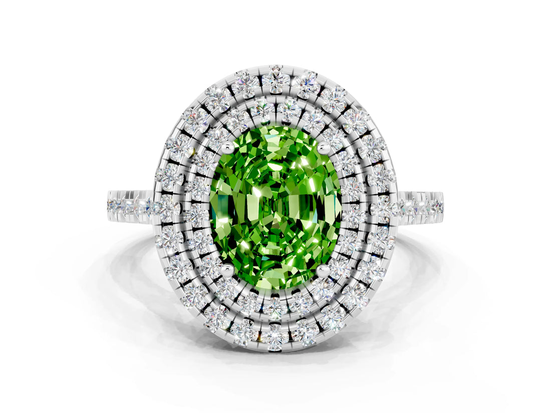 White gold Double Halo Oval Cut Peridot Pavé Band with Four-Prong Setting