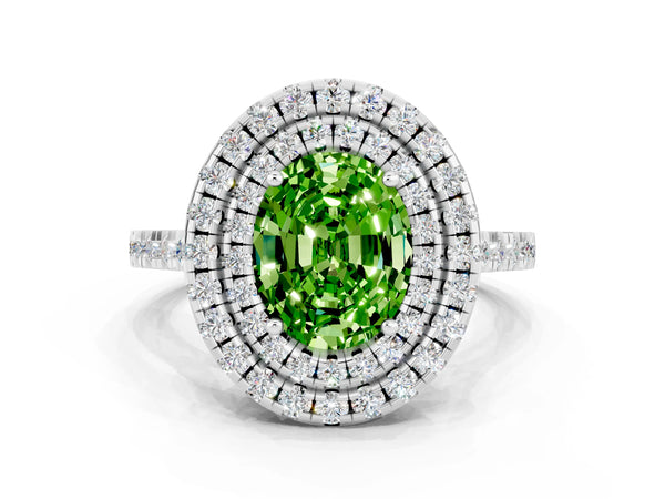 Platinum Double Halo Oval Cut Peridot Pavé Band with Four-Prong Setting