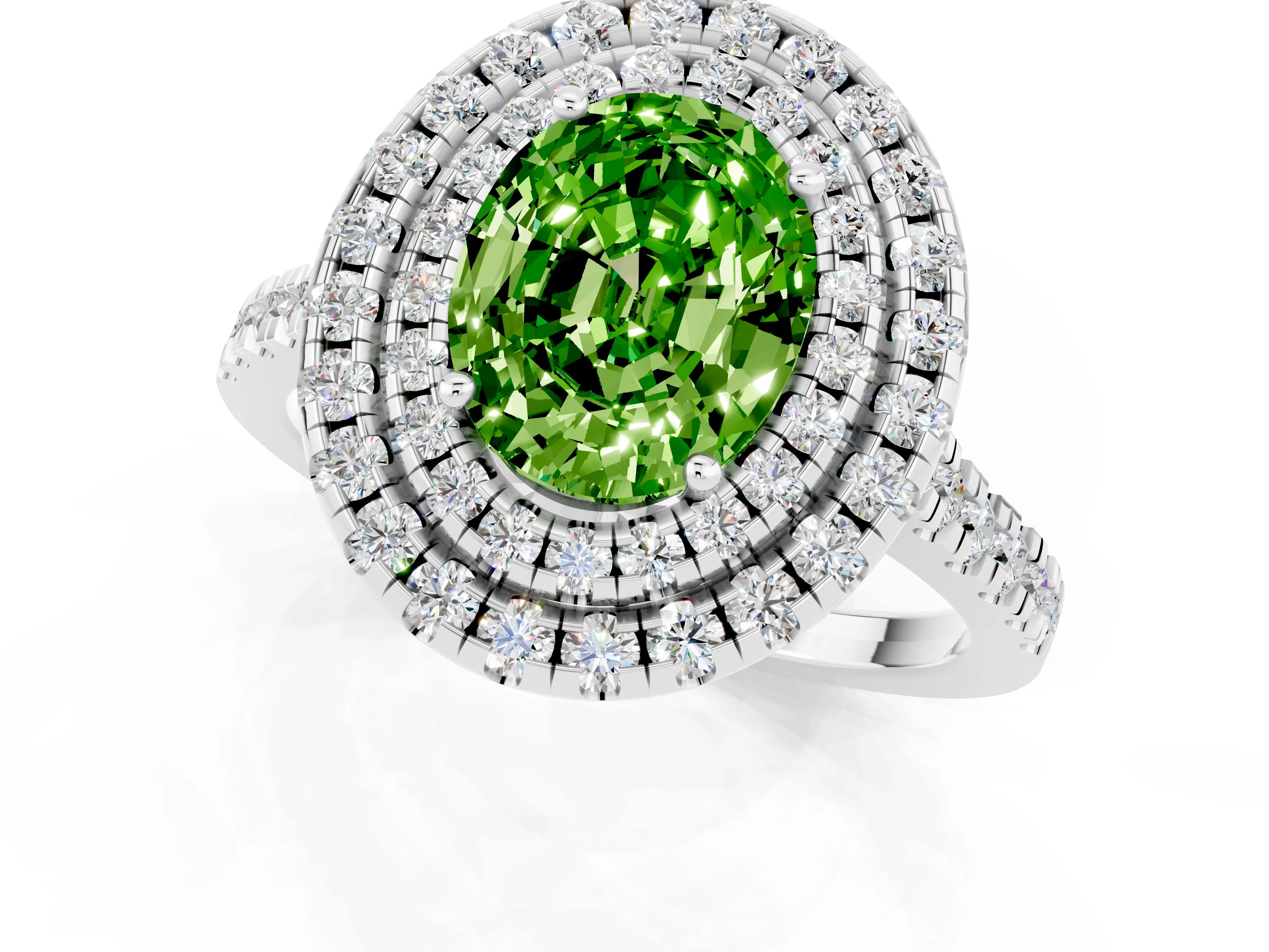 White gold Double Halo Oval Cut Peridot Pavé Band with Four-Prong Setting_1