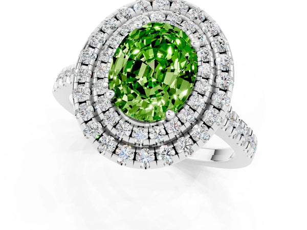Silver Double Halo Oval Cut Peridot Pavé Band with Four-Prong Setting