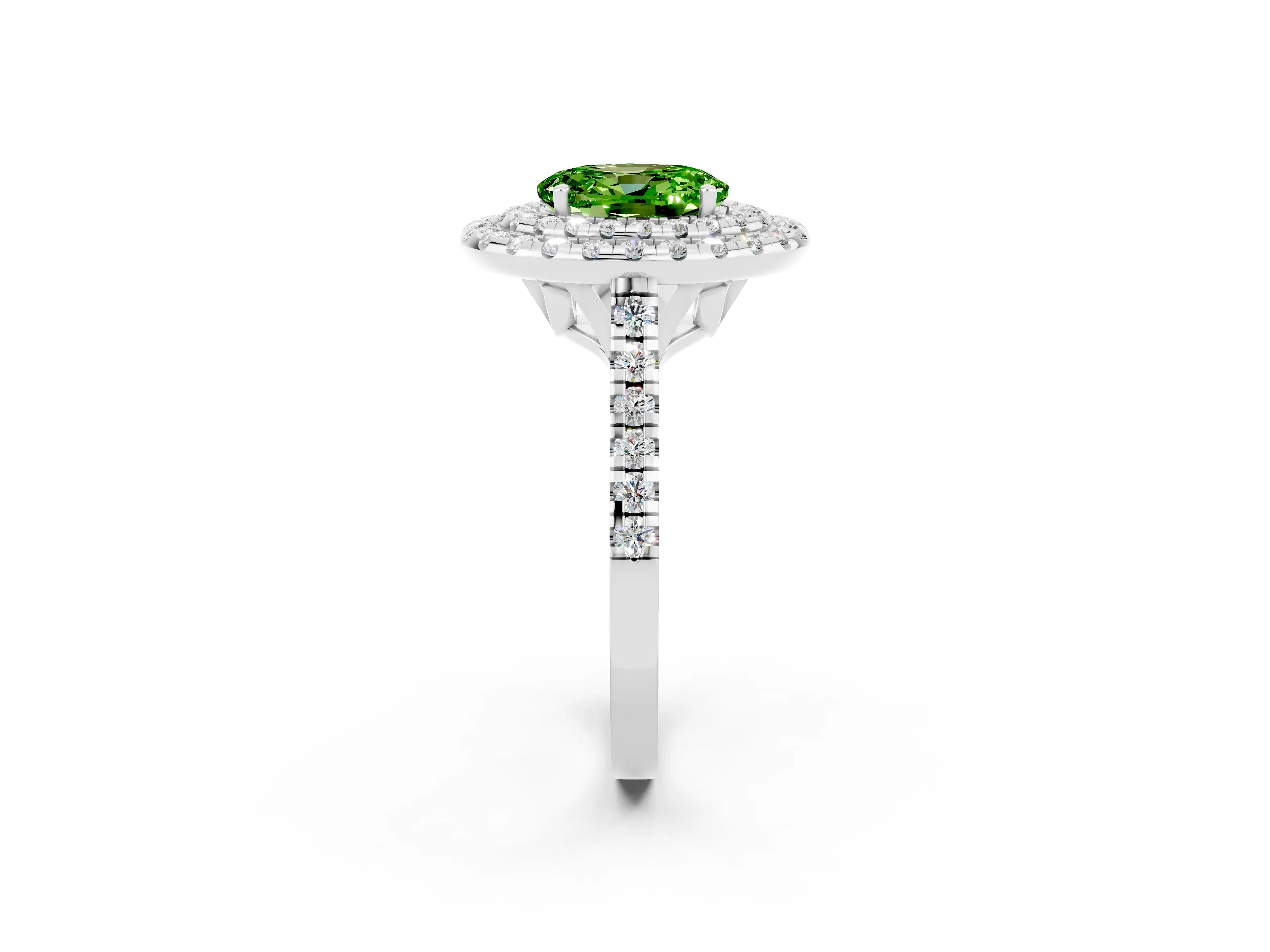 White gold Double Halo Oval Cut Peridot Pavé Band with Four-Prong Setting_2