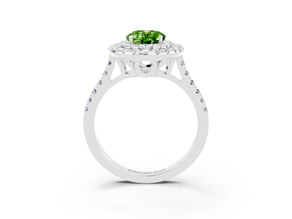 Silver Double Halo Oval Cut Peridot Pavé Band with Four-Prong Setting