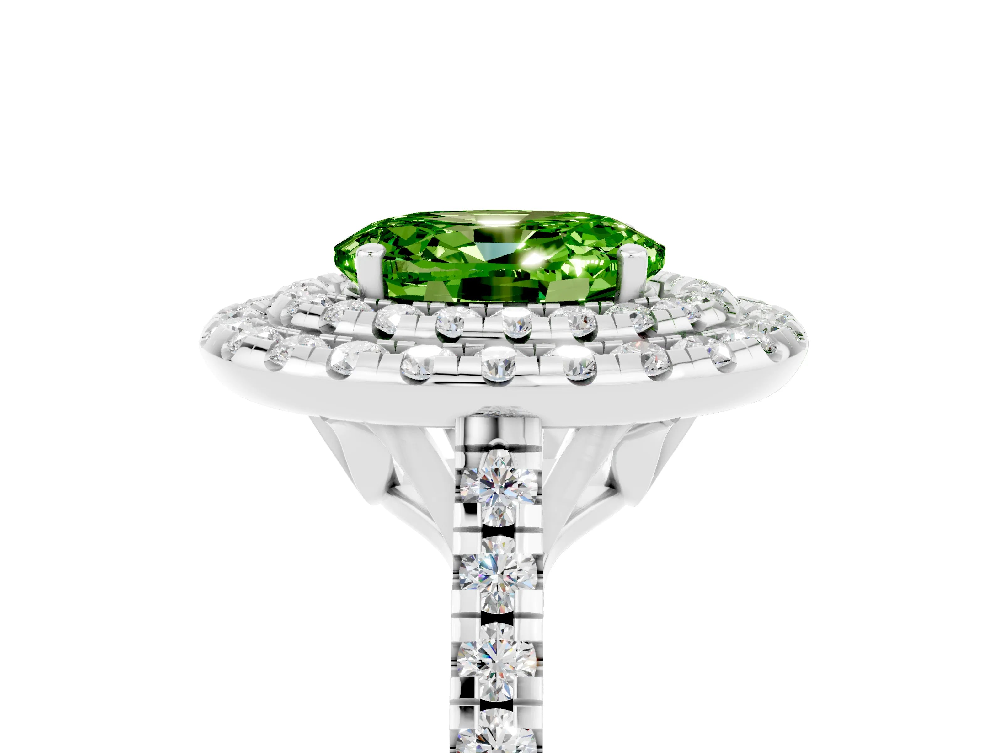 White gold Double Halo Oval Cut Peridot Pavé Band with Four-Prong Setting_5