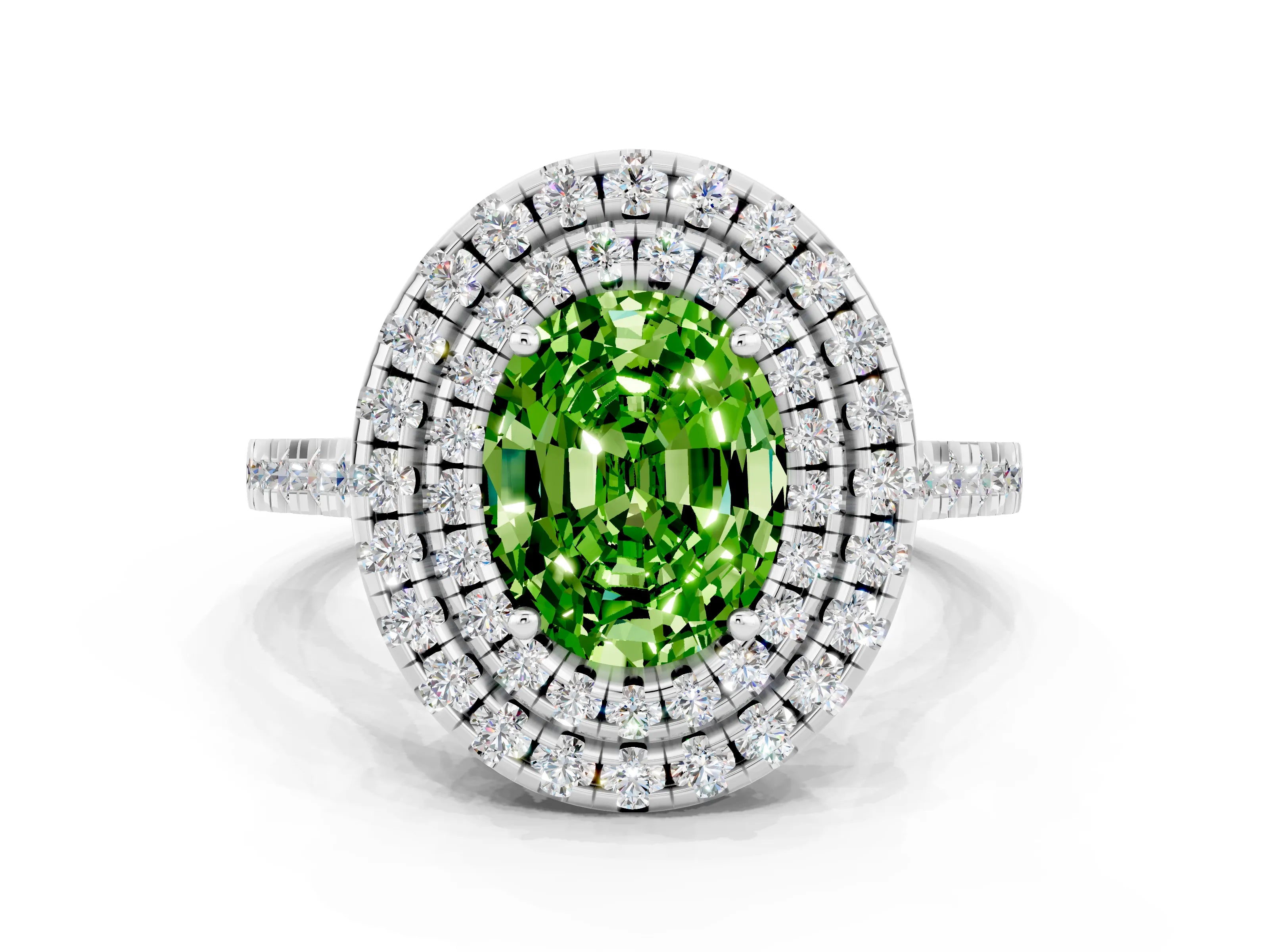 White gold Double Halo Oval Cut Peridot Pavé Band with Four-Prong Setting