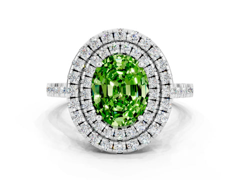 White gold Double Halo Oval Cut Peridot Pavé Band with Four-Prong Setting