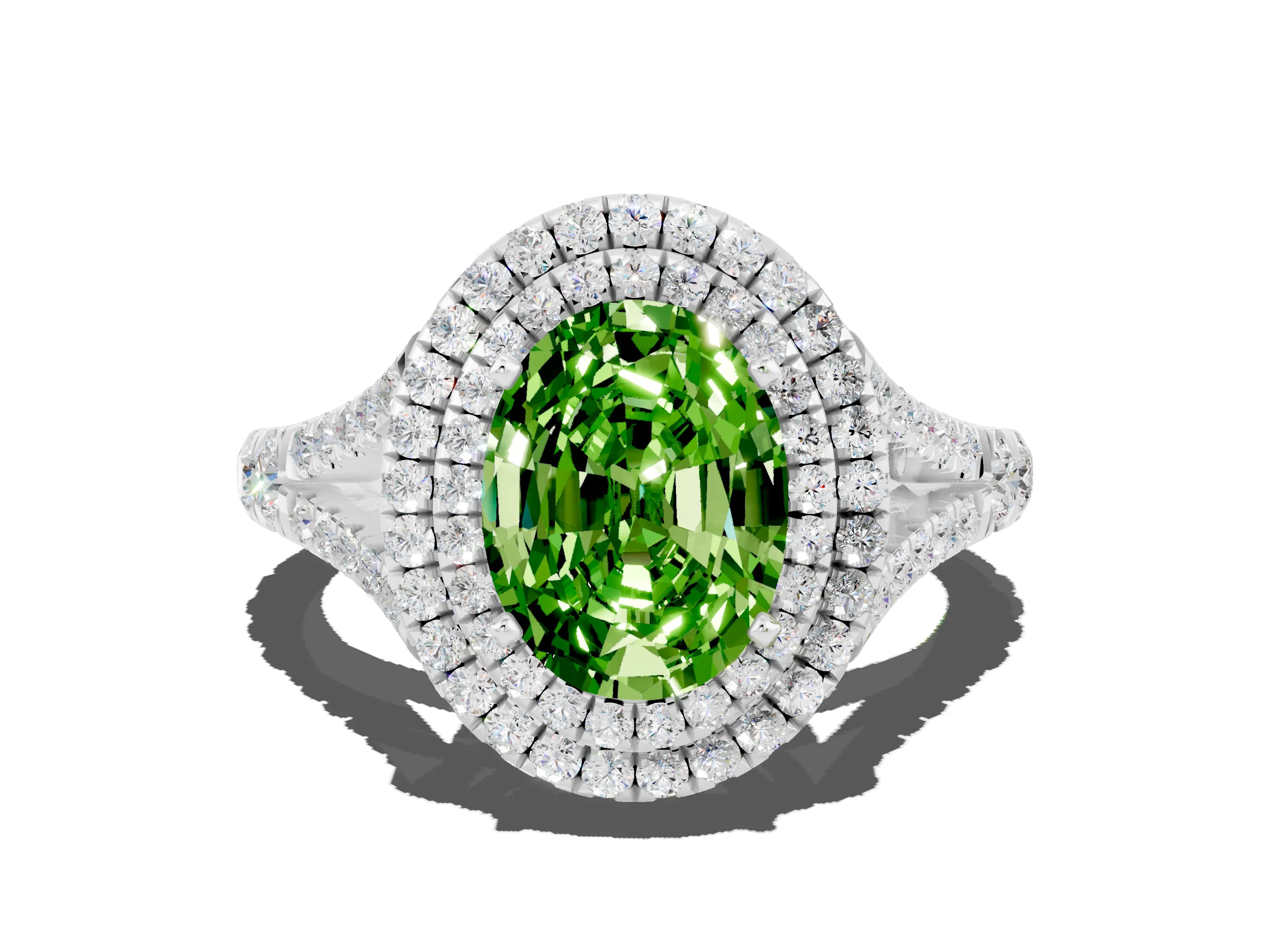 White gold Double Halo Oval Cut Peridot Pavé Split Shank Ring with Prong Setting