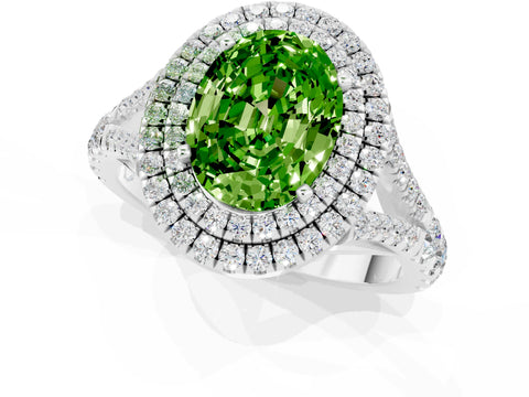 White gold Double Halo Oval Cut Peridot Pavé Split Shank Ring with Prong Setting_1
