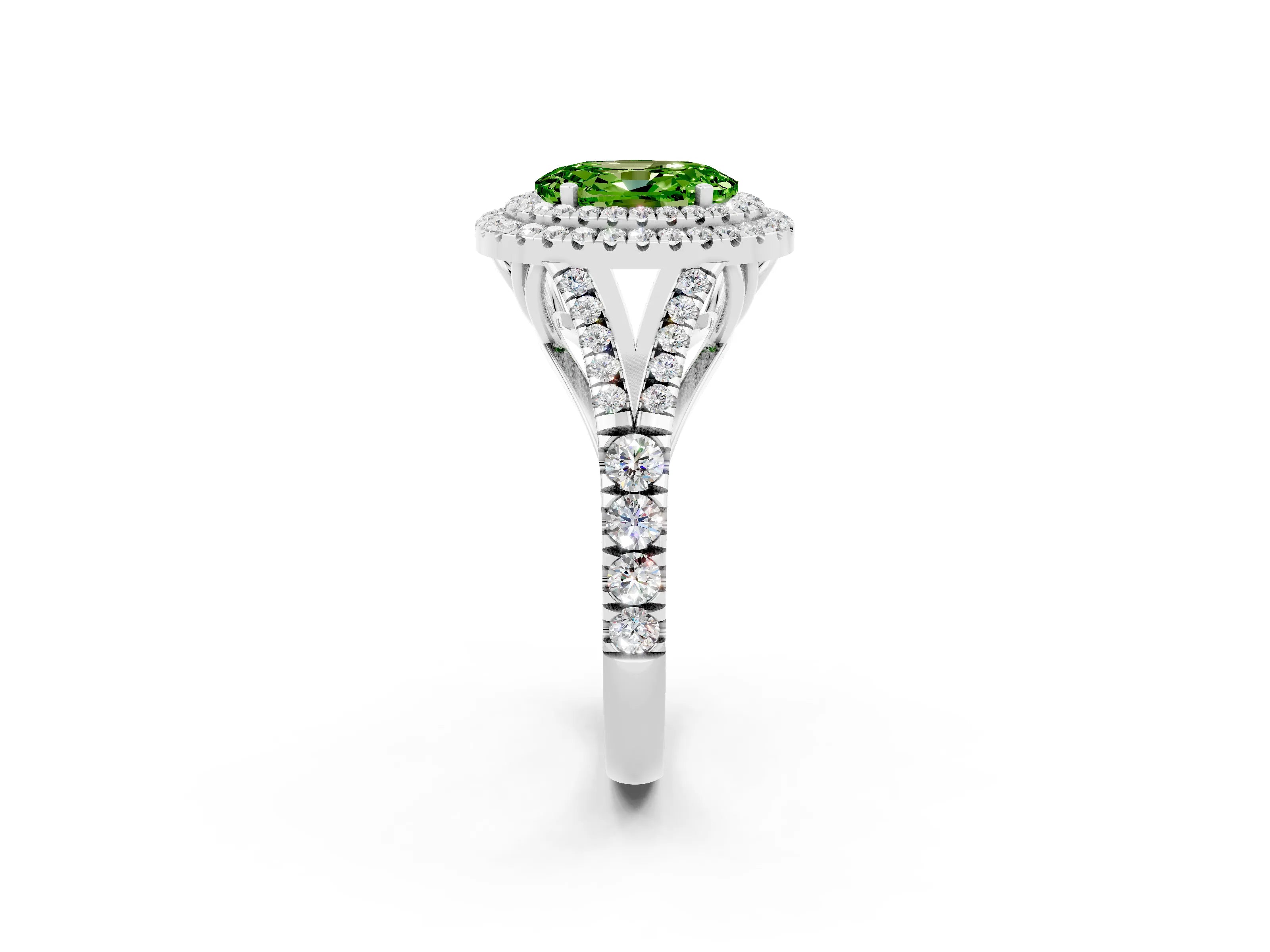 White gold Double Halo Oval Cut Peridot Pavé Split Shank Ring with Prong Setting_2