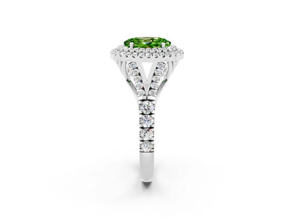 Platinum Double Halo Oval Cut Peridot Pavé Split Shank Ring with Prong Setting