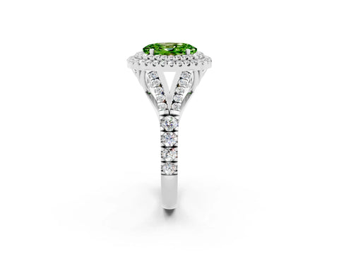 White gold Double Halo Oval Cut Peridot Pavé Split Shank Ring with Prong Setting_2