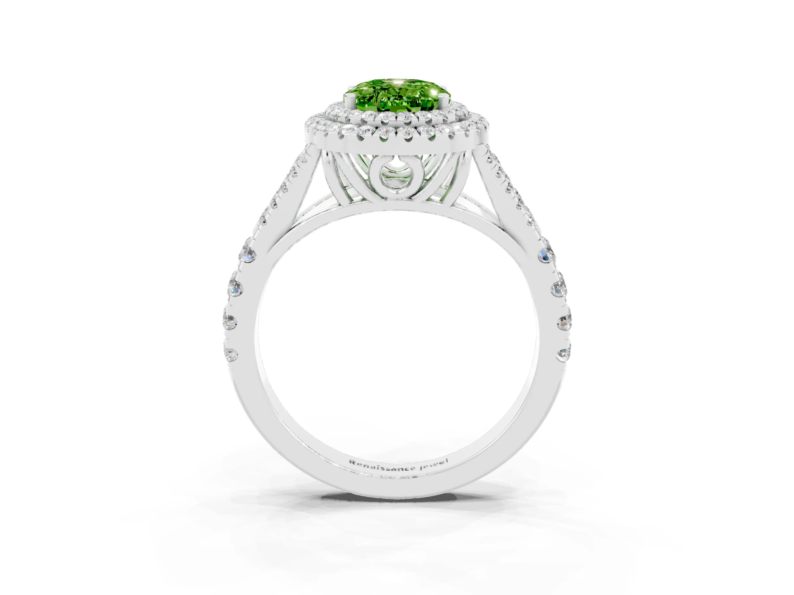 White gold Double Halo Oval Cut Peridot Pavé Split Shank Ring with Prong Setting_3