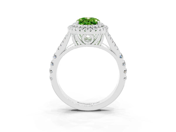 Silver Double Halo Oval Cut Peridot Pavé Split Shank Ring with Prong Setting