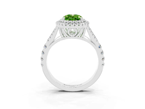 White gold Double Halo Oval Cut Peridot Pavé Split Shank Ring with Prong Setting_3