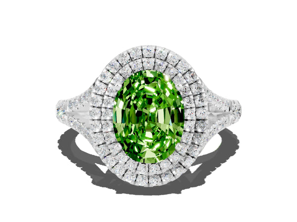 White gold Double Halo Oval Cut Peridot Pavé Split Shank Ring with Prong Setting