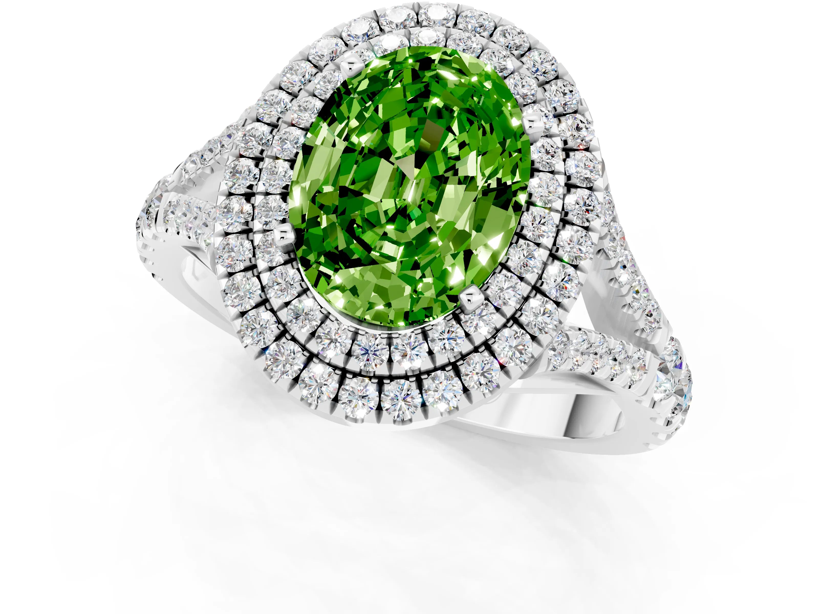 White gold Double Halo Oval Cut Peridot Split Shank Engagement Ring with Four-Prong Setting_1