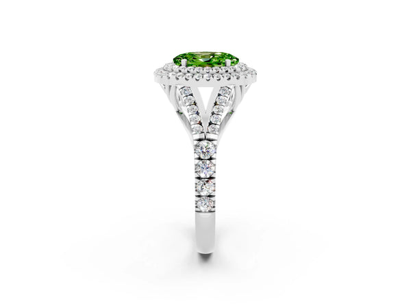 White gold Double Halo Oval Cut Peridot Split Shank Engagement Ring with Four-Prong Setting