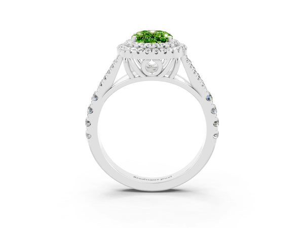 Silver Double Halo Oval Cut Peridot Split Shank Engagement Ring with Four-Prong Setting