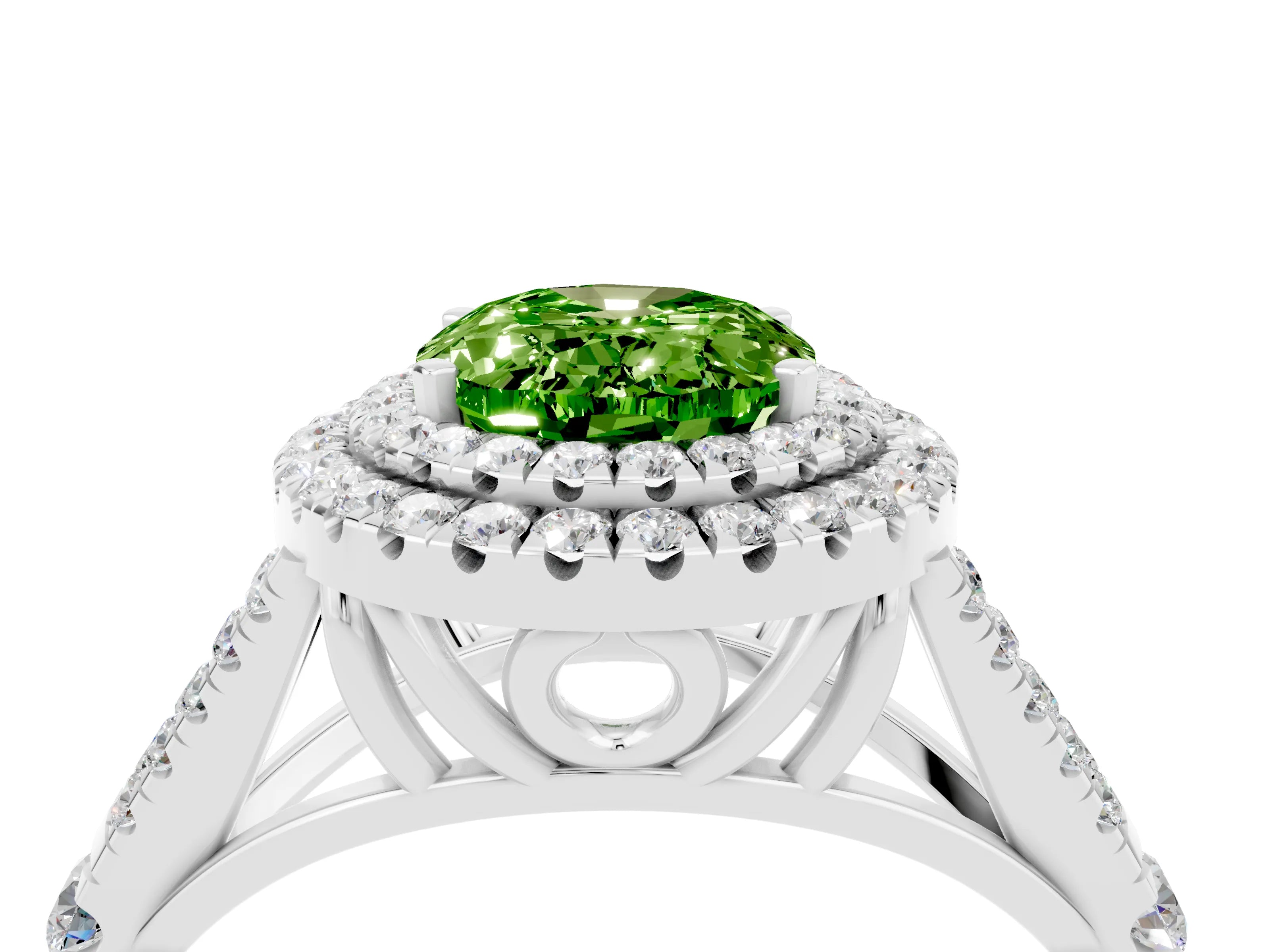White gold Double Halo Oval Cut Peridot Split Shank Engagement Ring with Four-Prong Setting_4