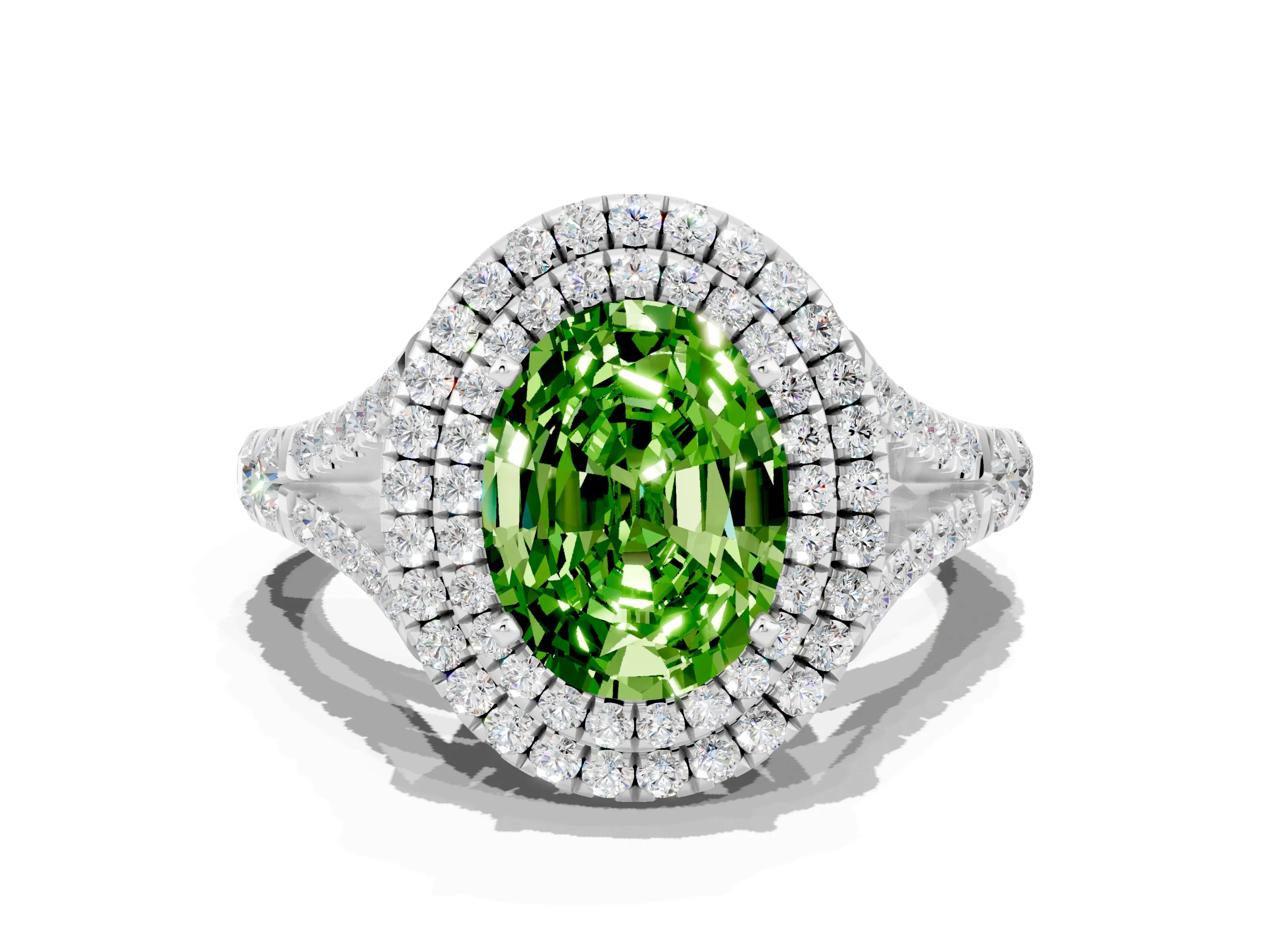 White gold Double Halo Oval Cut Peridot Split Shank Engagement Ring with Four-Prong Setting