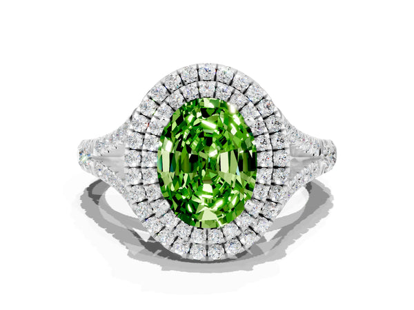 White gold Double Halo Oval Cut Peridot Split Shank Engagement Ring with Four-Prong Setting