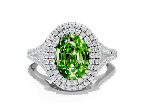White gold Double Halo Oval Cut Peridot Split Shank Engagement Ring with Four-Prong Setting
